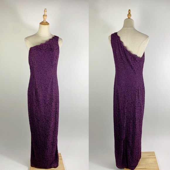 ADRIANNA PAPELL One Shoulder All Over Lace Purple Full Length Maxi Gown 10 - Picture 1 of 9